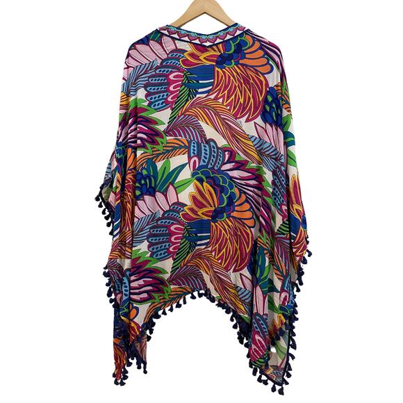Trina Turk Paradise Plume Kimono Cover-Up OS | Tropical Tassel Trim, Bold Print - Picture 5 of 5